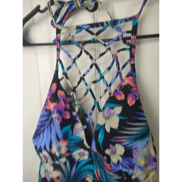 Tahiti Woman's L One Piece Swimwear V Cross Cross Halter Floral Tropical Beachy - Picture 2 of 9